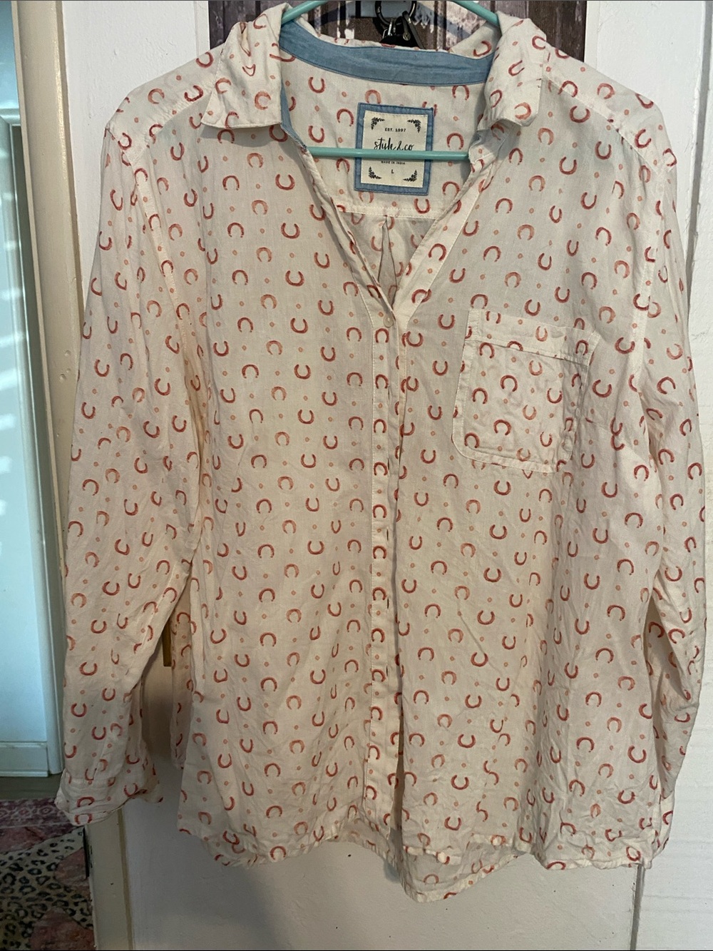 Style & Co. Cream Button-Up Blouse with Red Horseshoe Print